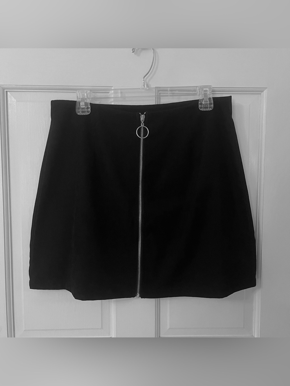 Black Ribbed Suede Mini Skirt with Silver Circle Zipper